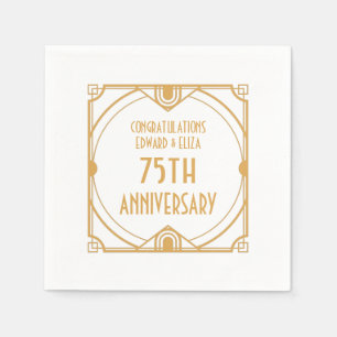 Serviette En Papier Art Déco Nom 75e anniversaire Mariage Or Blanc