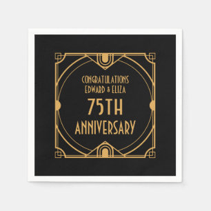 Serviette En Papier Art Déco Nom 75e anniversaire Mariage Or Noir