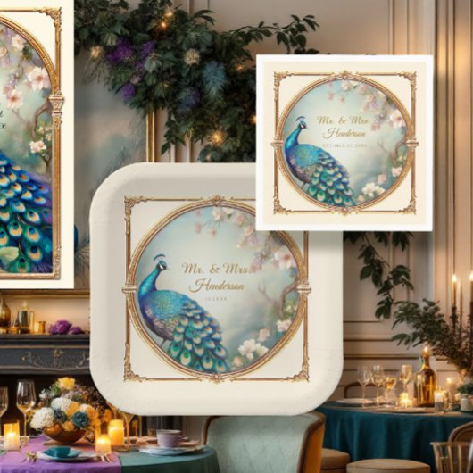 Serviette En Papier Art Déco Peacock Elegant Mariage Flower Tree