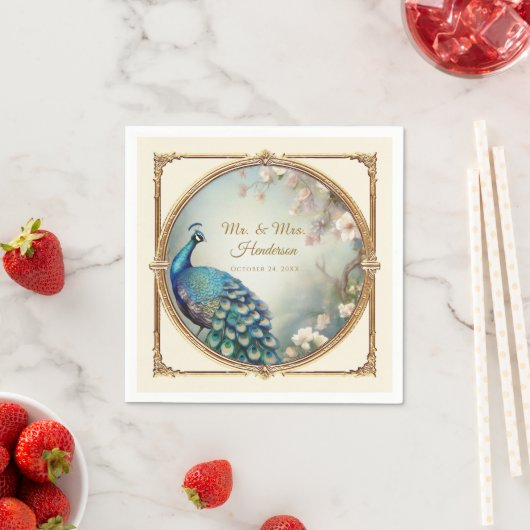 Serviette En Papier Art Déco Peacock Elegant Mariage Flower Tree (En situation)