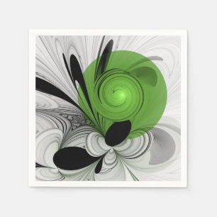 Serviette En Papier Art fractal abstrait noir et blanc avec vert