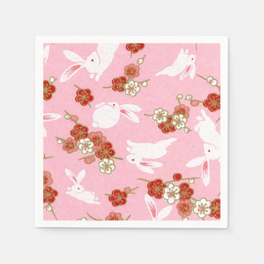 Serviette En Papier Art japonais : Sakuras et lapins roses serviettes  (Devant)