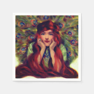 Serviette En Papier Art nouveau déco femme plumes paon élégant