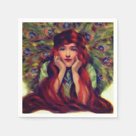 Serviette En Papier Art nouveau déco femme plumes paon élégant (Devant)