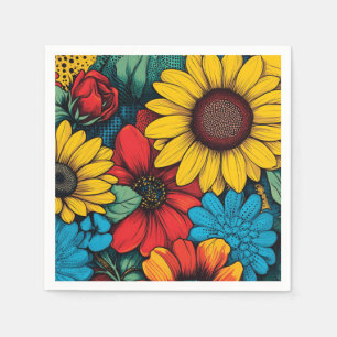 Serviette En Papier Art Pop Vibrant Design floral avec tournesols