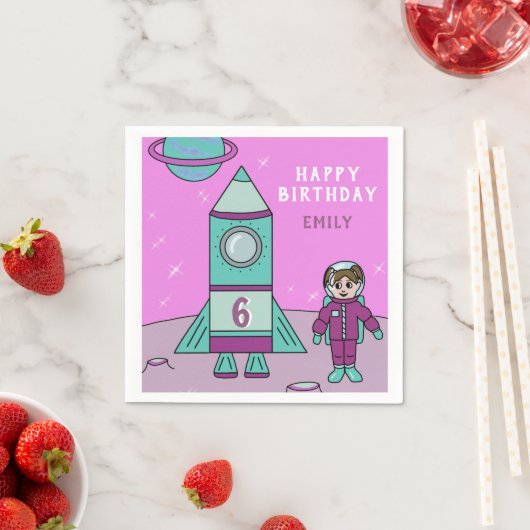 Serviette En Papier Astronaut Girl and Rocket Moon Space Anniversaire (En situation)