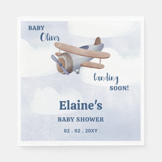 Serviette En Papier Atterrissage Bientôt Blue Boy Baby shower d'avion (Devant)