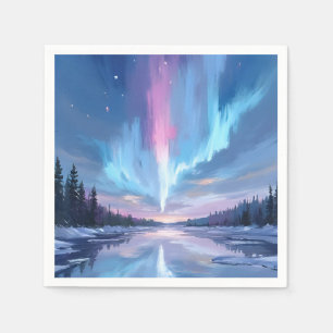 Serviette En Papier Aurore Boréale Aquarelle Peinte Lumières du Nord