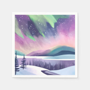 Serviette En Papier Aurores Boréales Nuit d'Hiver Colorée Aquarelle
