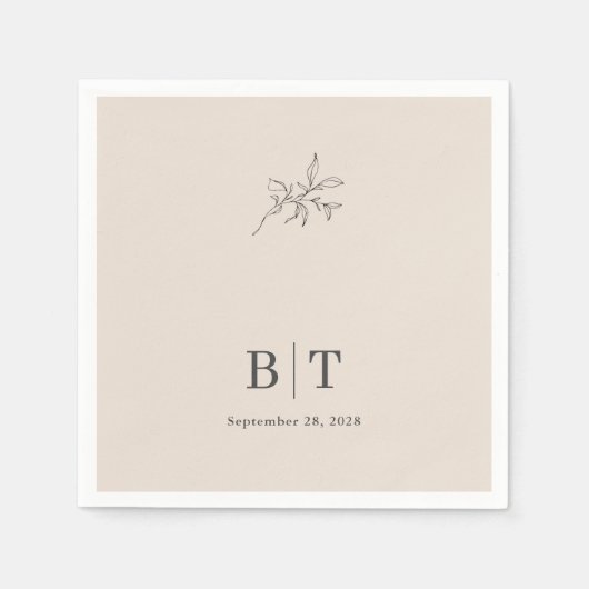 Serviette En Papier Automne Beige Simple Botanique avec Initiales (Devant)