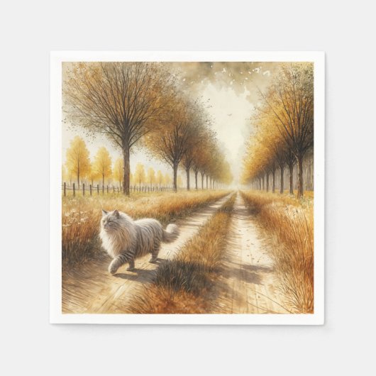 Serviette En Papier Automne Chat à pied sur une route sèche (Devant)