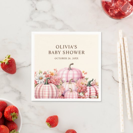 Serviette En Papier Automne Citrouille Floral Pink Plaid Baby shower (En situation)