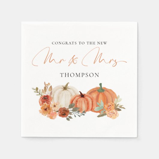 Serviette En Papier Automne Citrouille Florals Félicitations M. Mme Ma (Devant)
