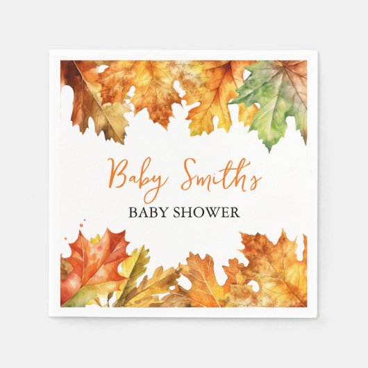 Serviette En Papier Automne Feuilles Aquarelle Personnalisée Nom du bé (Devant)