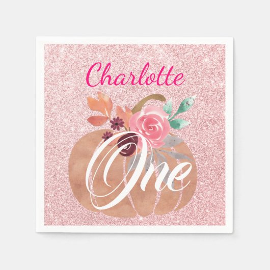 Serviette En Papier Automne Floral Citrouille 1er Anniversaire Rose Or (Devant)