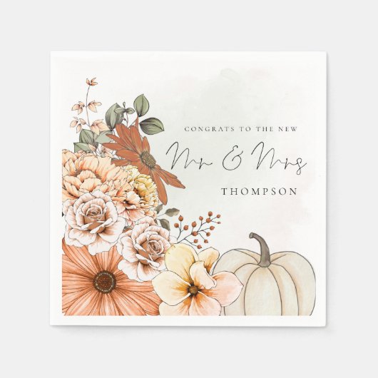 Serviette En Papier Automne Florals Aquarelle Félicitations M. Mme Mar (Devant)