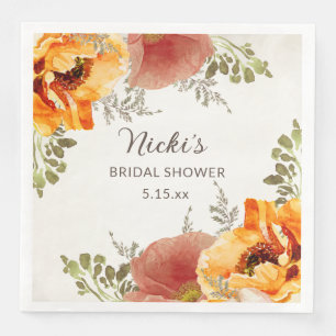 Serviette En Papier Automne Orange Brûlé Floral Nom de la Mariée