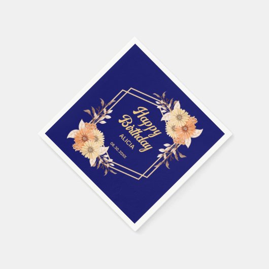 Serviette En Papier Automne Orange Flower Gold Navy Bleu Joyeux annive (Coin)