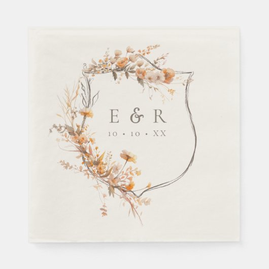 Serviette En Papier Automne Terracotta Floral Crest Monogramme Mariage (Devant)
