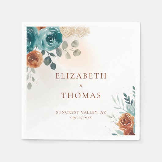 Serviette En Papier Automne Turquoise Burnt Orange Rose Aquarelle vert (Devant)