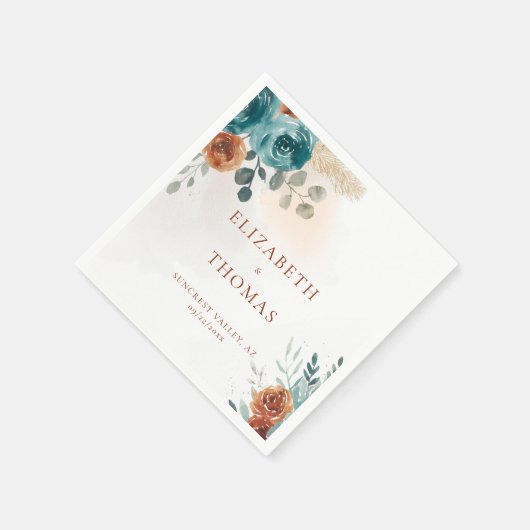 Serviette En Papier Automne Turquoise Burnt Orange Rose Aquarelle vert (Coin)