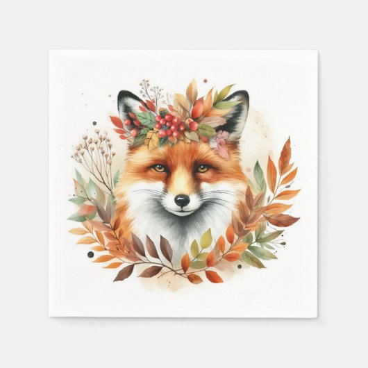 Serviette En Papier Autume Fall Fête Thématique Cute Fox Flower Wreath (Devant)