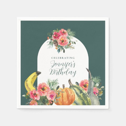 Serviette En Papier Autumn Pumpkins Pink Floral Birthday Party (Devant)