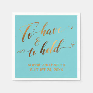 Serviette En Papier Avoir et garder Calligraphie dorée sur turquoise