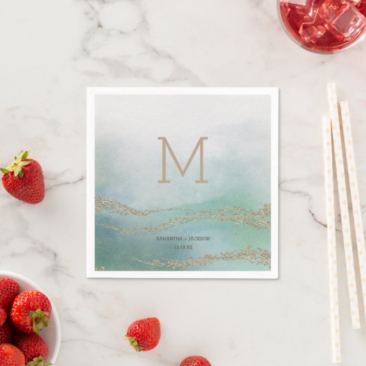 Serviette En Papier Awash Elegant Aquarelle dans Ocean Mariage Monogra (En situation)