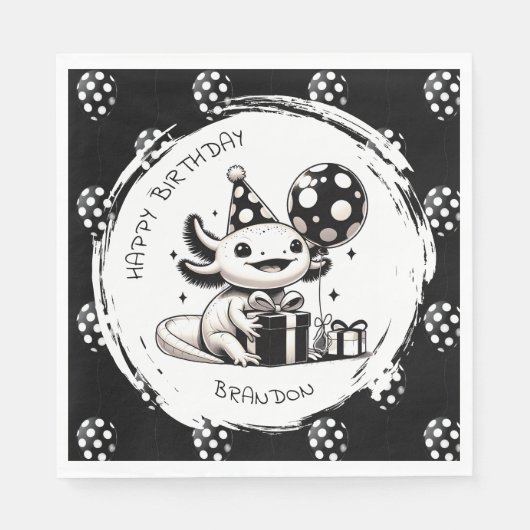 Serviette En Papier Axolotl et ballons noirs et blancs Anniversaire (Devant)