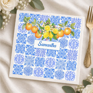Serviette En Papier Azulejo méditerranéen bleu jaune sicilien