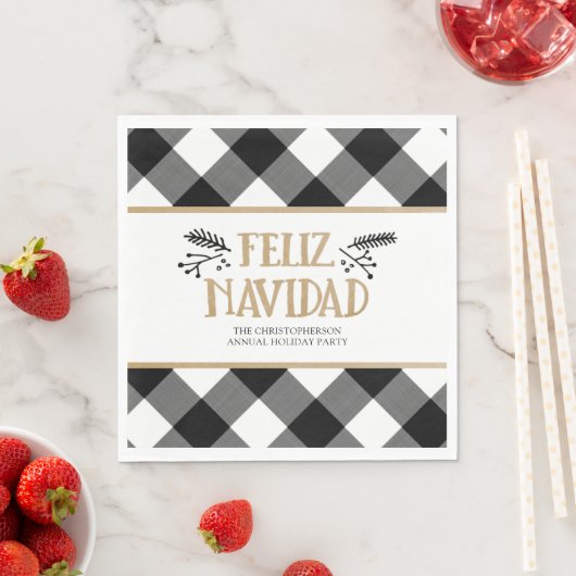 Serviette En Papier B&W Buffalo Check Brown Kraft Feliz Navidad (En situation)
