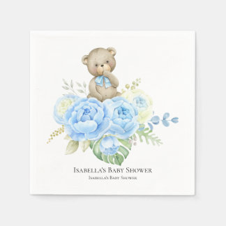 Serviette En Papier Baby Bear Boy Blue Flower | Baby shower serviettes