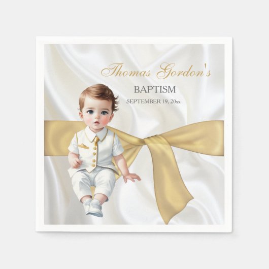 Serviette En Papier Baby Boy Baptism Christening Gold Bow (Devant)