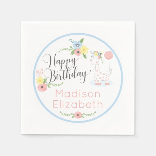 Serviette En Papier Baby Giraffe rose Floral Joyeux 1er anniversaire f (Devant)