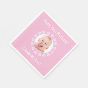 Serviette En Papier Baby Girl Photo Coeurs roses mignons Anniversaire