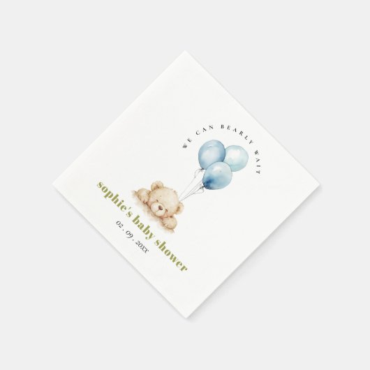 Serviette En Papier Baby shower à ballon d'attente bleu minimal (Coin)