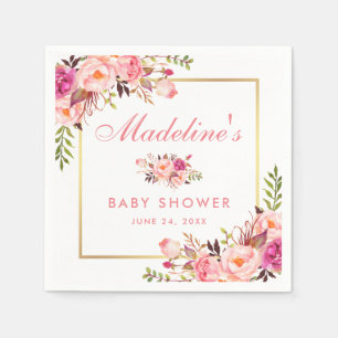 Serviette En Papier Baby shower à cadre or rose floral