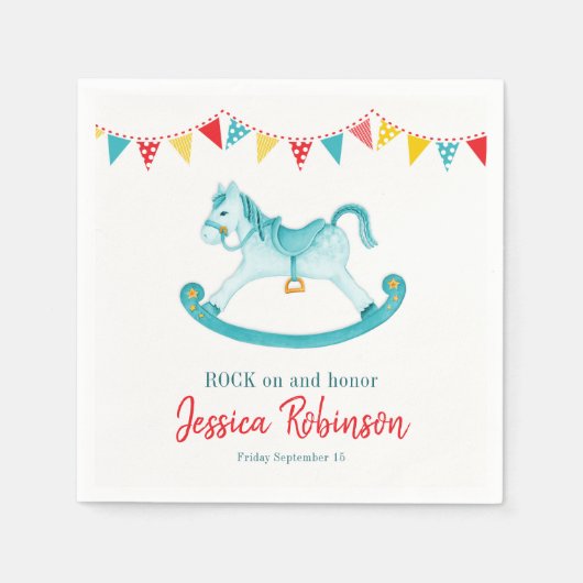 Serviette En Papier Baby shower aqua rouge rocking cheval honneur nom (Devant)