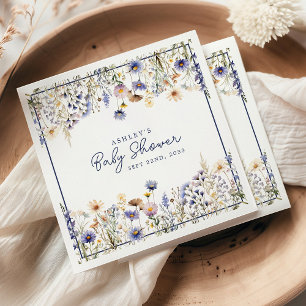 Serviette En Papier Baby Shower aquarelle bohème à la fleur bleue sauv