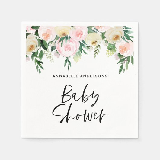 Serviette En Papier Baby shower aquarelle rose girly script floral (Devant)