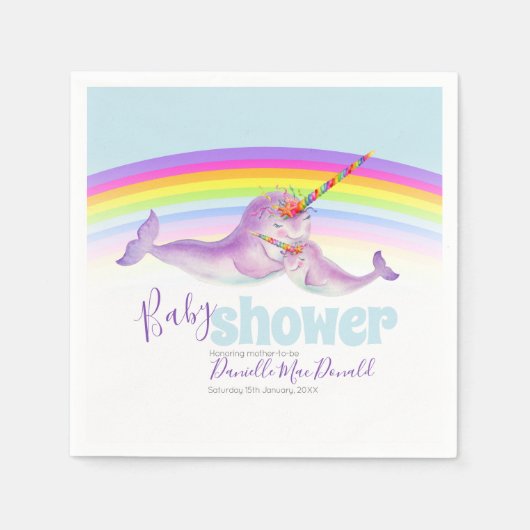 Serviette En Papier Baby shower arc-en-ciel narval mignon (Devant)