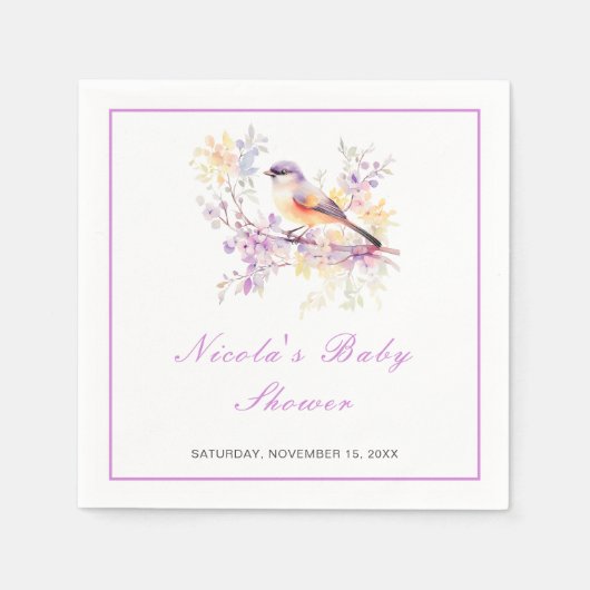 Serviette En Papier Baby shower aux oiseaux mignons de printemps (Devant)