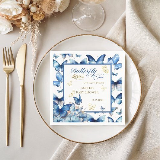 Serviette En Papier Baby shower Baisers à papillon bleu or
