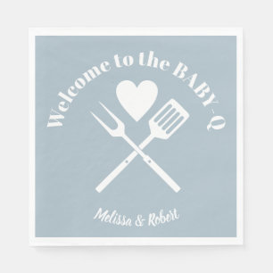 Serviette En Papier Baby shower BBQ BABY-Q moderne en bleu massif