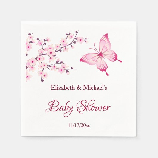 Serviette En Papier Baby shower blanc rose cerisier papillon (Devant)