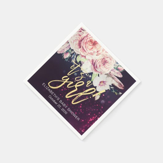 Serviette En Papier Baby shower Boho Floral Plumes violet Bokeh Lumièr (Coin)