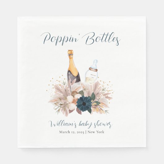 Serviette En Papier Baby shower Bouteilles Champagne Poppin Blue Boho (Devant)
