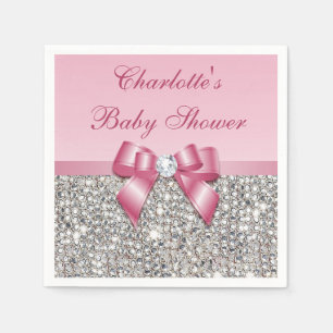 Serviette En Papier Baby shower Chic Faux Pink Bow Silver Sequins