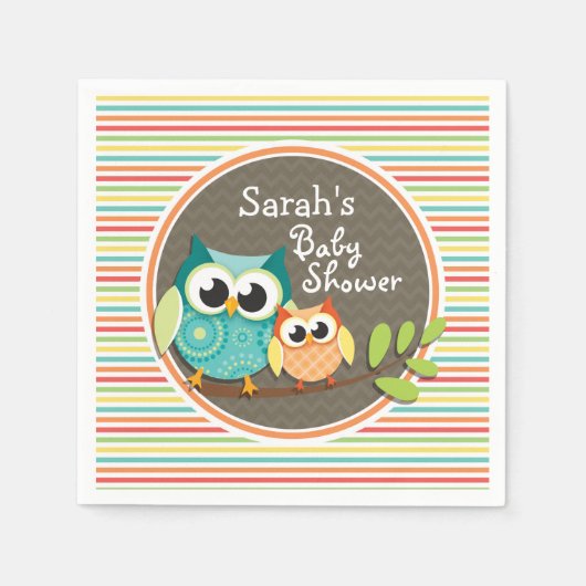 Serviette En Papier Baby shower Chouette, Rayures Arc-En-Ciel Lumineus (Devant)